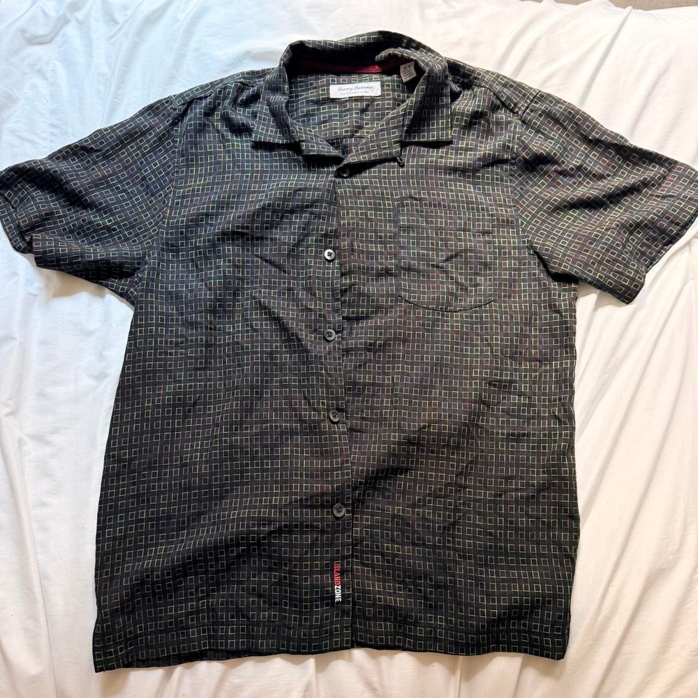 Tommy Bahama Island Zone Black Rainbow Geometric Polo Button up Shirt Mens Med
